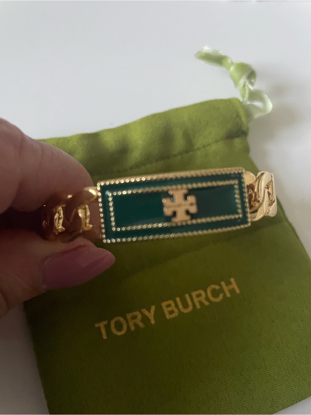 Tory Burch Gold-Tone Bracelet with Emerald Green Enamel Logo